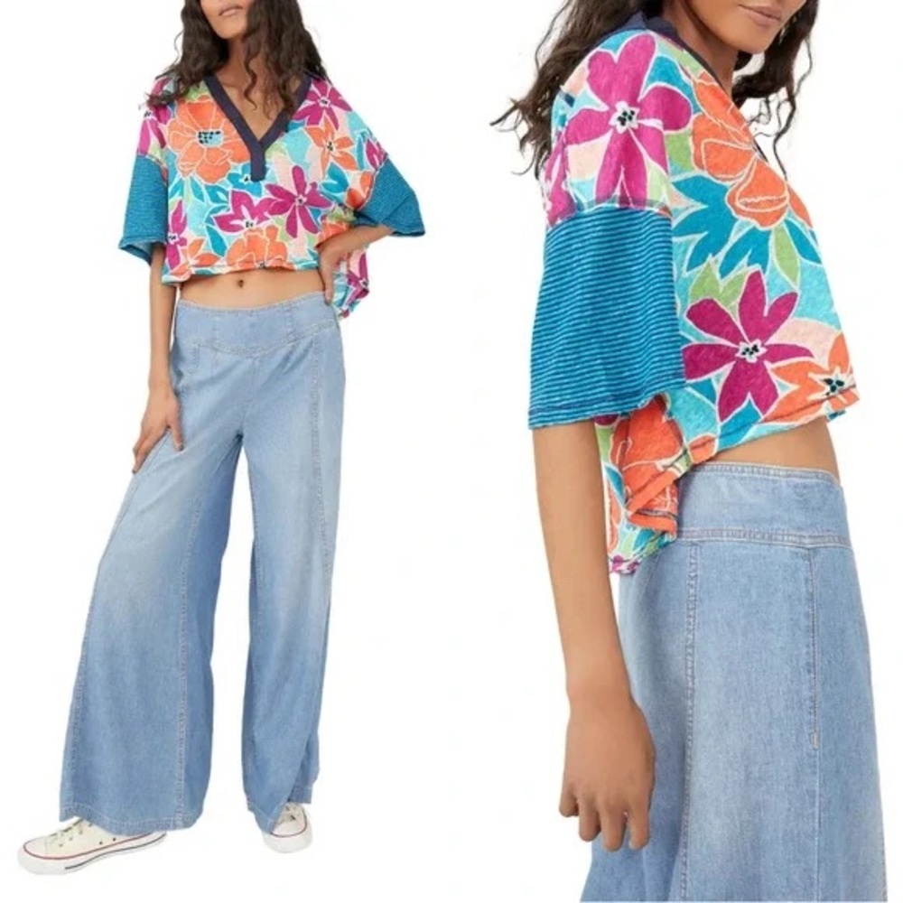 NWT Free People Floral Striped Collared On A Boat Boxy Crop Polo Shirt - Picture 4 of 9